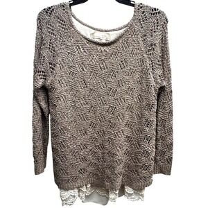 A'reve Open Knit Sweater Women M/L Taupe Lace Trim Rhinestone Split Back Cottage